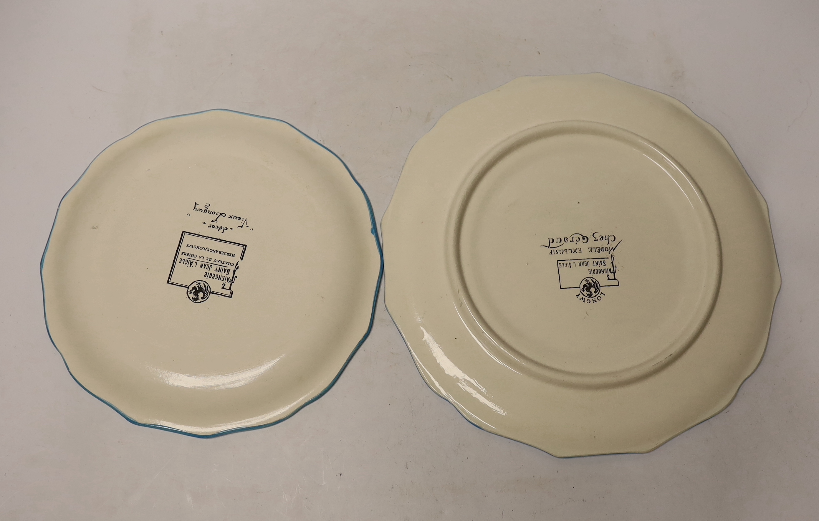 Two Faiencerie Saint Jean L’Aigle Longwy dishes, largest 31cm diameter